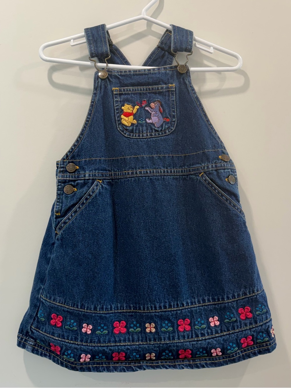 Vintage Winnie The Pooh & Eeyore Denim Overalls Dress Girls Embroidered